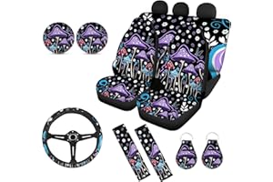 Wanyint Starry Sky Mushroom Print Car Front Rear Seat Cover Back Seat Covers for Women Men Breathable 15 Inch Car Steering Wheel Cover Seat Belt Cover Coasters Keychain, F9+Z84+Z86+D2+2XD3-1-24