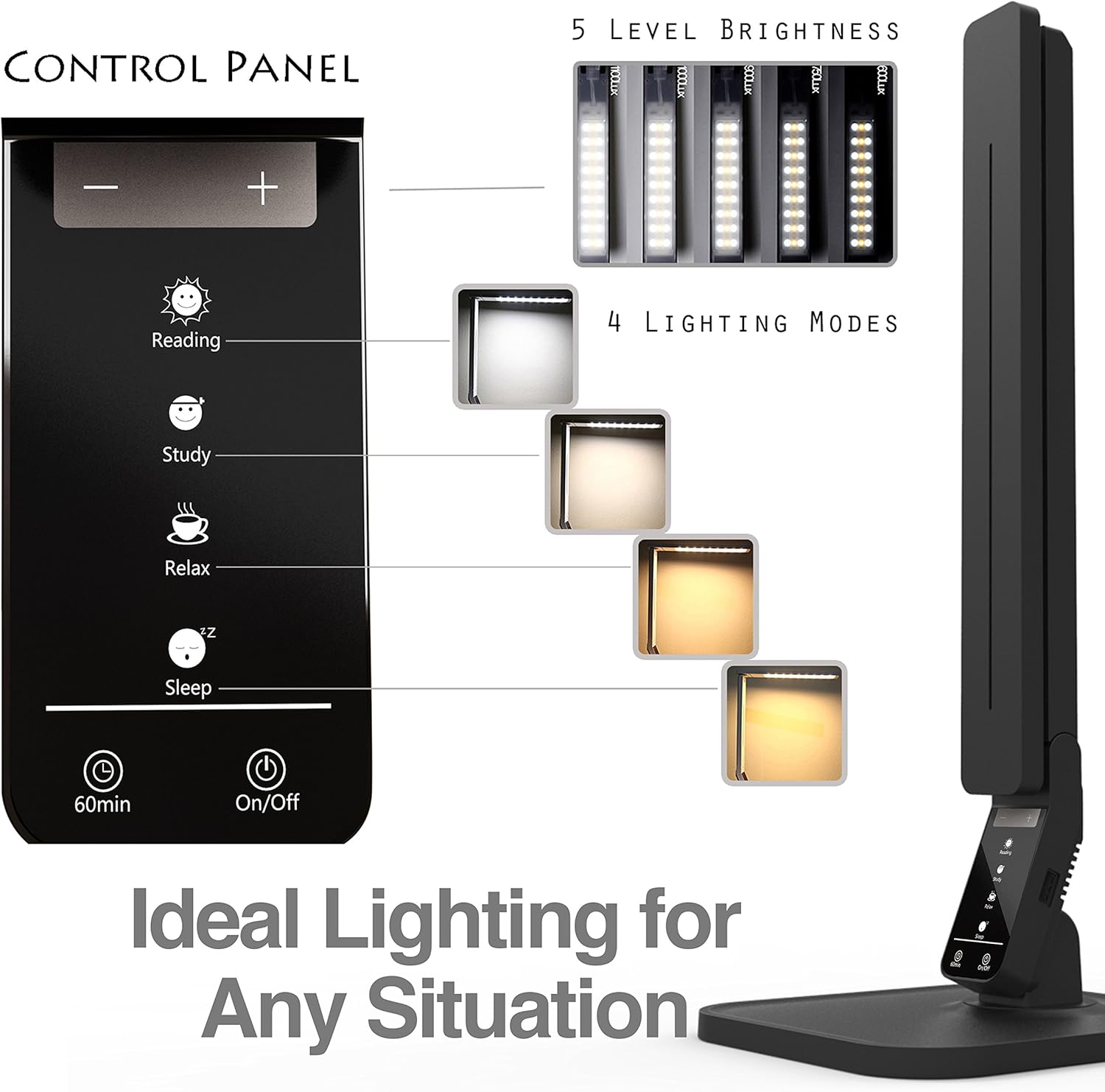 Lampat LED Desk Lamp, Dimmable LED Table Lamp Black, 4 Lighting Modes, 5-Level Dimmer, Touch-Sensitive Control Panel, 1-Hour Auto Timer, 5V/2A USB Charging Port) - - 