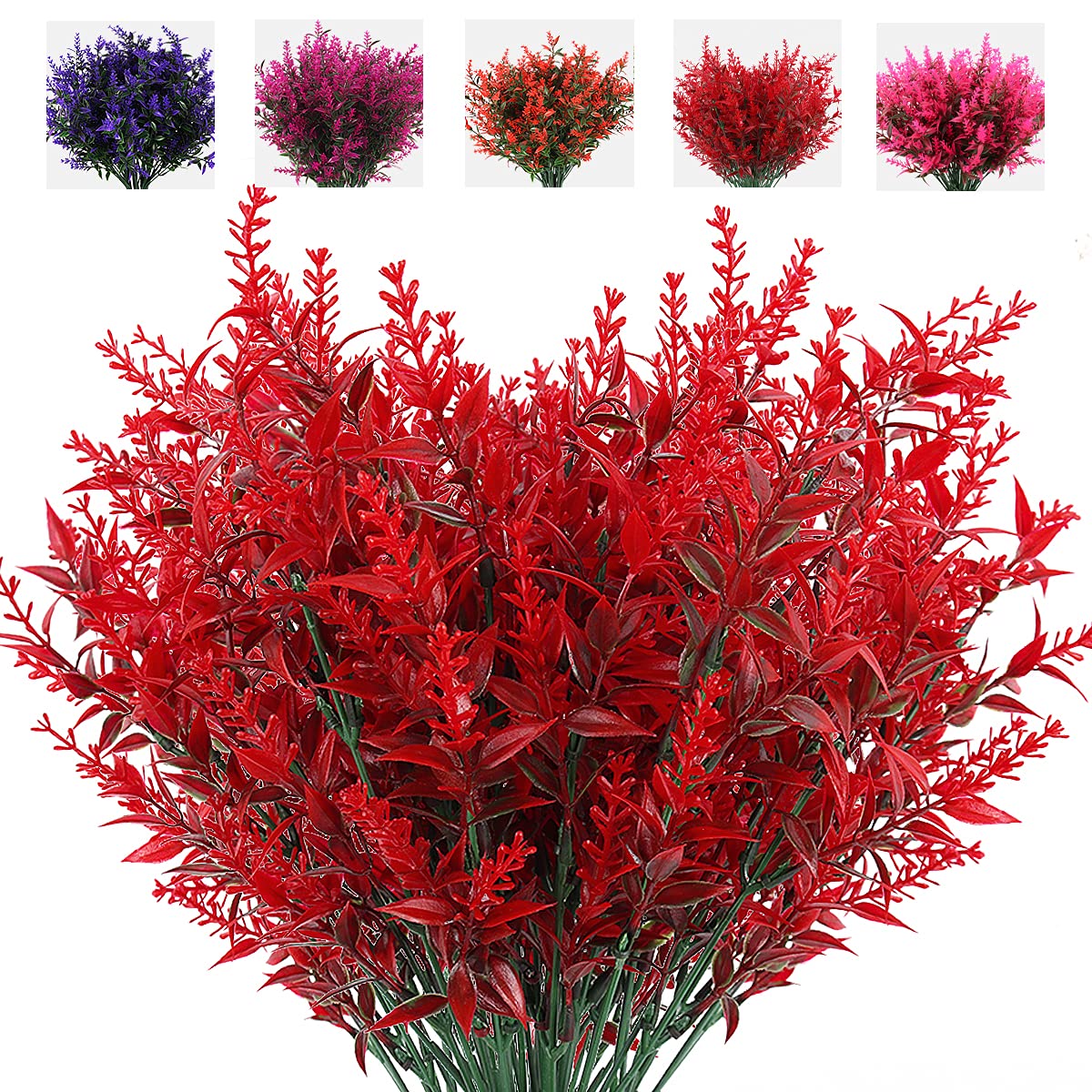 RECUTMS Plastic Flowers 8 Bundles Outdoor UV Resistant Faux Flower, Outdoor Flowers UV Resistant Fake Plants Artificial Fake Flower Indoor Outdoor Decor (Red)