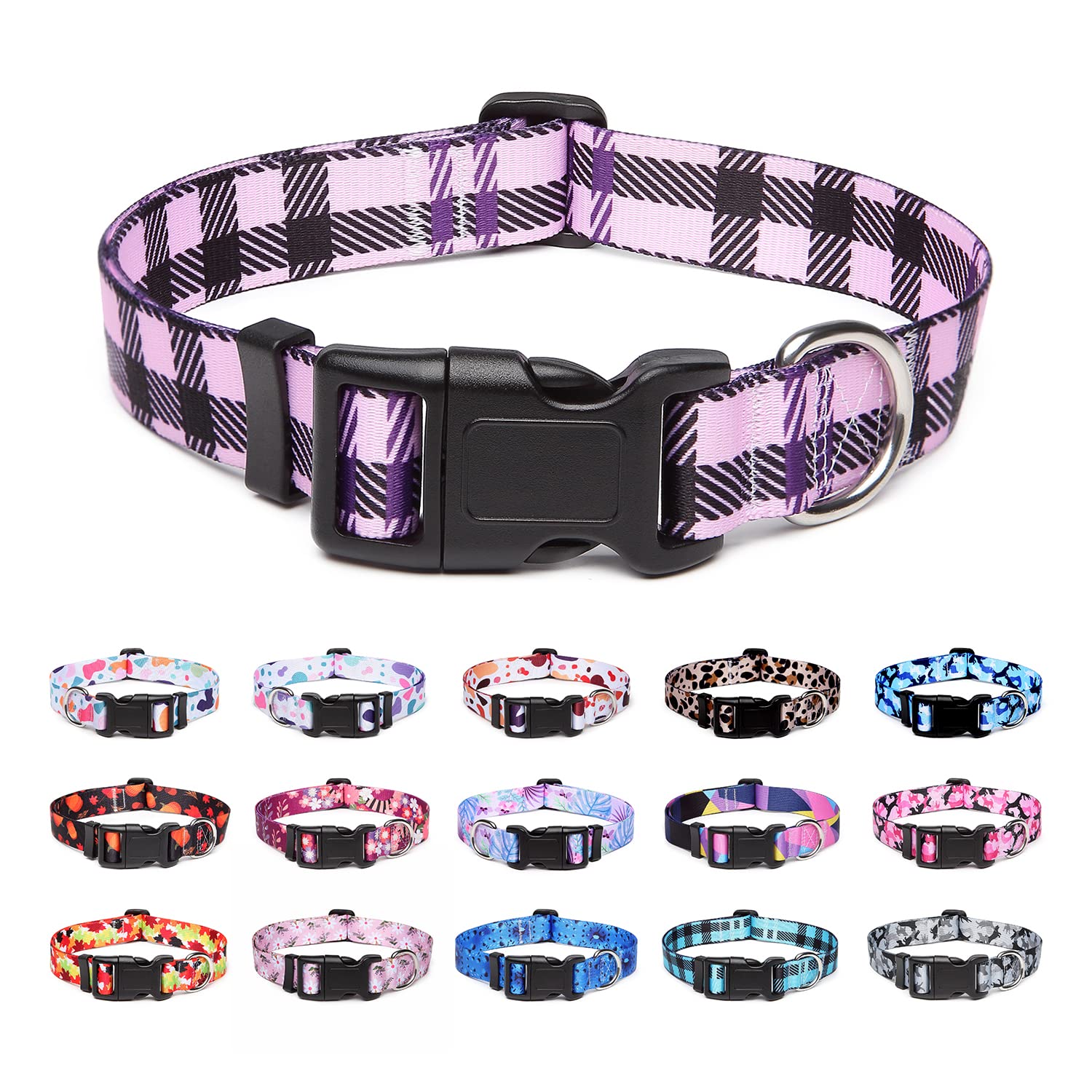Suredoo Adjustable Nylon Dog Collar with Patterns, Soft Comfy Pet Collar for Small Medium Large Dogs (L, Purple Plaid) — image 1
