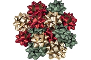 RUSPEPA Paper Gift Bow Assortment, Red, Green and Gold Solid Color Pattern Gift Bow Great for Birthday, Christmas, Holiday, Party, Wedding, Baby Shower, Total 15 Bows, 2 Size