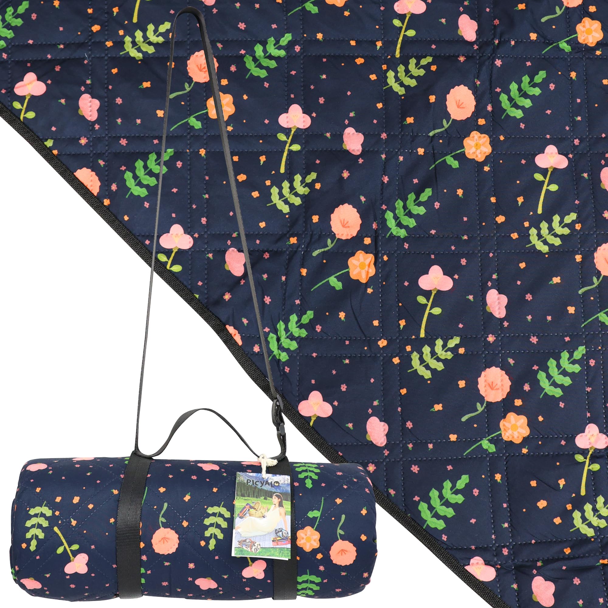 PICYALO Outdoor Picnic Blanket Blue Floral 60"x80" Sandproof Beach Blanket Waterproof Picnic Blanket
