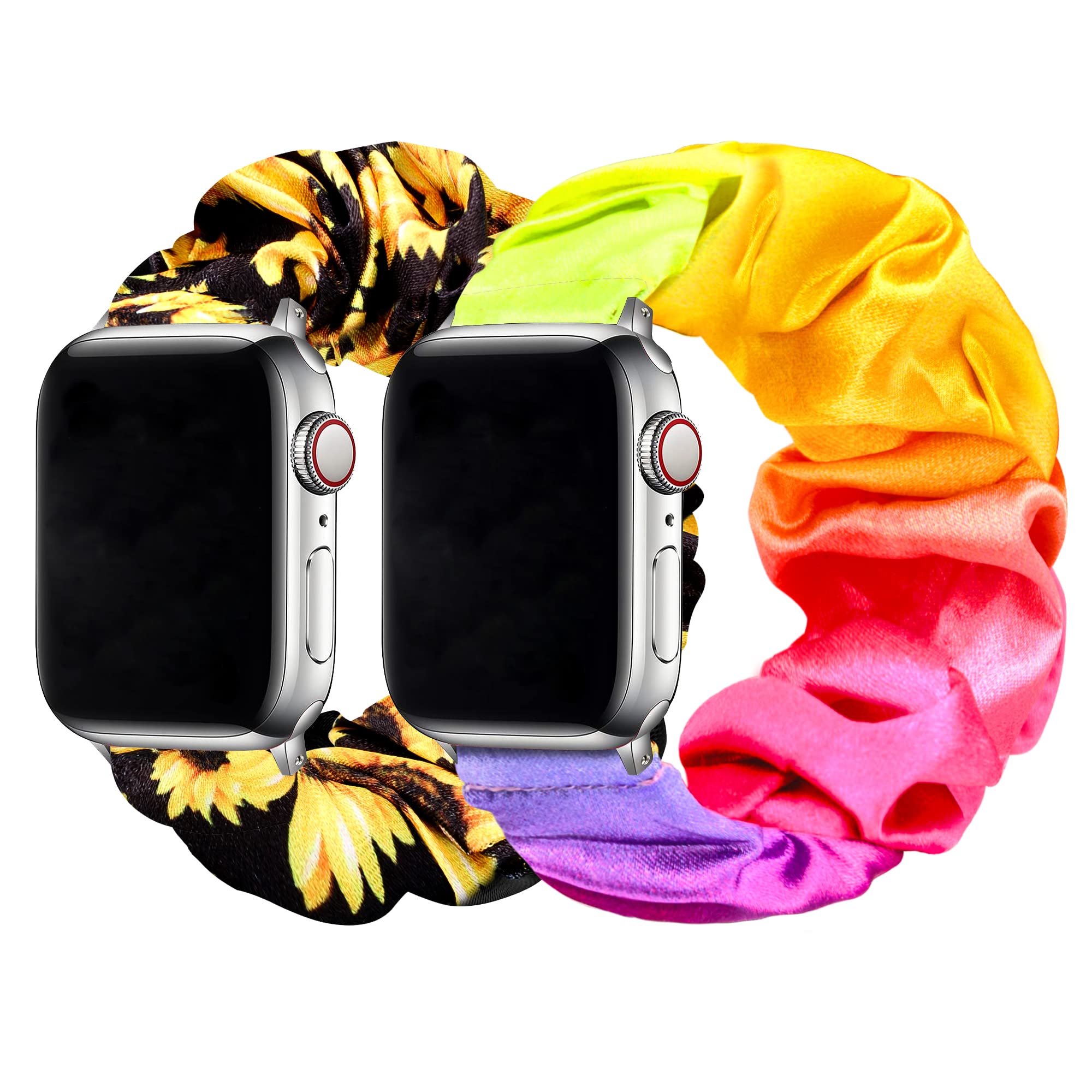 Meideli Compatible with Apple Watch scrunchie Strap, Scrunchie Elastic Strap for Apple iWatch Series 10 9 8 7 6 5 4 SE Pack 2 Pattern Printed Fabric Wristband for girls 44/45/46mm