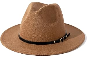 Lisianthus Women Wide Brim Wool Fedora Panama Hat with Belt Buckle Khaki