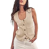 Biffxeu Womens Sleeveless Sweater Vest Fall Ribbed Tank Top Button Down Knit Casual Clothes Summer Going Out Tops with Pocket