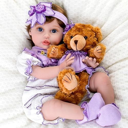 Aori Reborn Baby Dolls 22 Inch Realistic Lifelike Baby Girl Handmade  Vinyl Reborn Doll with Feeding Set Purple Outfit Newborn Baby Doll for 