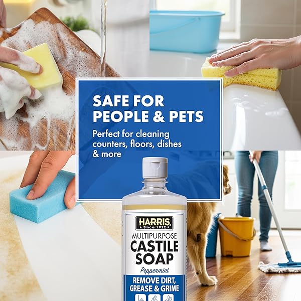 HARRIS MULTI-PURPOSE PURE CASTILE SOAP, MADE WITH OLIVE, COCONUT, AND PINE TREE OIL, USES FOR FACE, BODY, HAND, HAIR, HOME, DISHES, AND LAUNDRY, PEPPERMINT, 32 FL OZ
