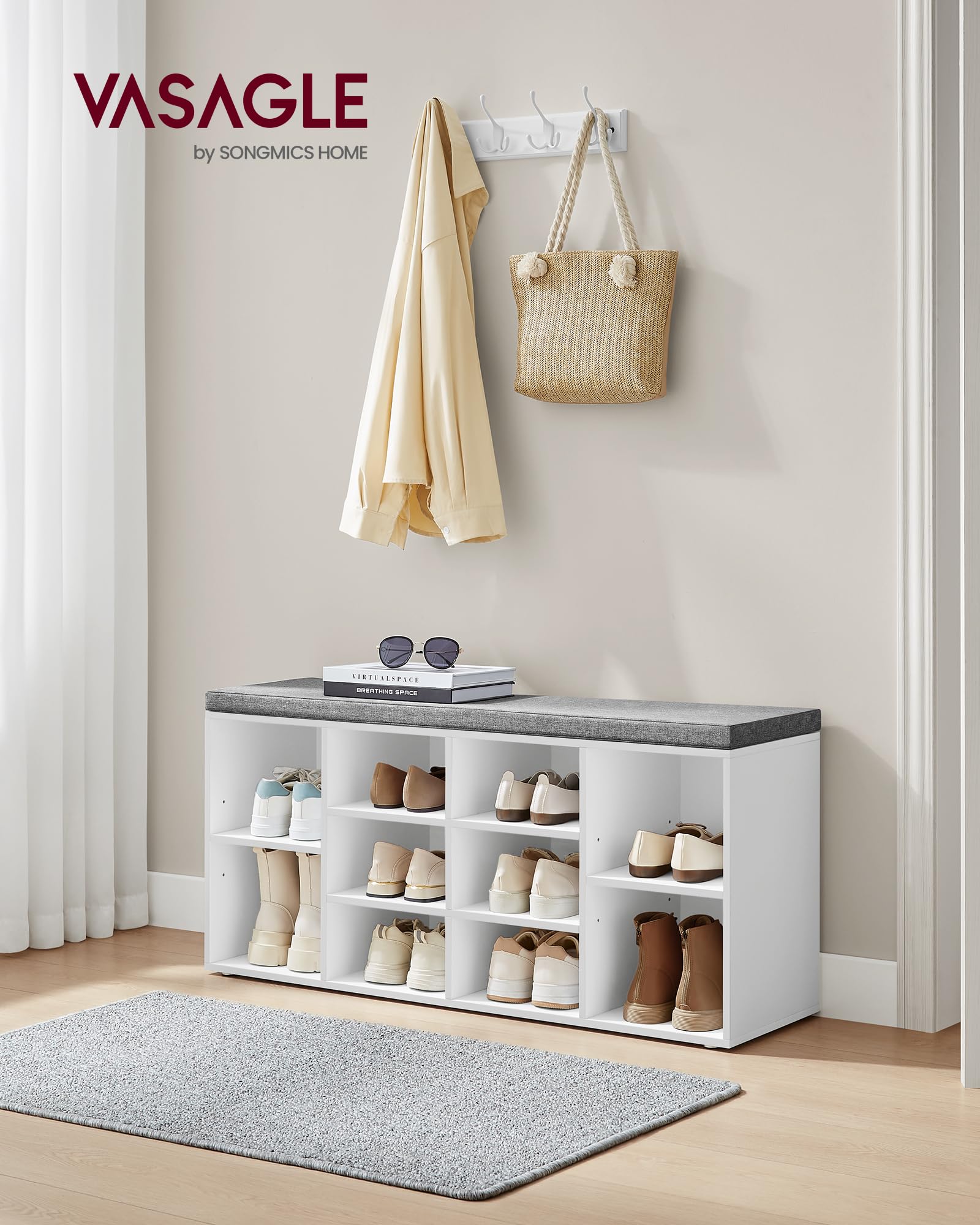 VASAGLE Schuhbank, Schuhregal mit Sitzfläche, Sitzbank mit Stauraum, gut gepolstert, Flurbank mit 10 Fächern, verstellbaren Ablagen, für Schlafzimmer, 30 x 104 x 48 cm, weiß-grau LHS10WT 2