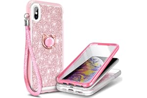 NGB Supremacy Compatible with iPhone X/iPhone Xs Case with [Built-in Screen Protector] Ring Holder/Wrist Strap, Full Body Protection, Slim Fit Shockproof Bumper Cover Case (Glitter Rose Gold)
