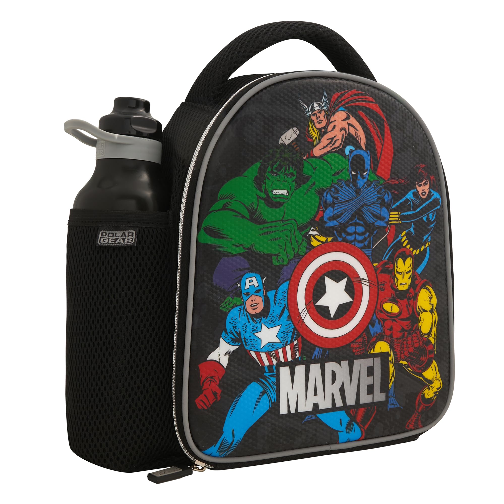 Marvel Official Avengers Bag Water Polar Gear-Back to School Supplies-600D Insulated Lunch Box Featuring Figures and 600ml Kids Drinks Bottle, Polyester, 600 milliliters, Multicoloured