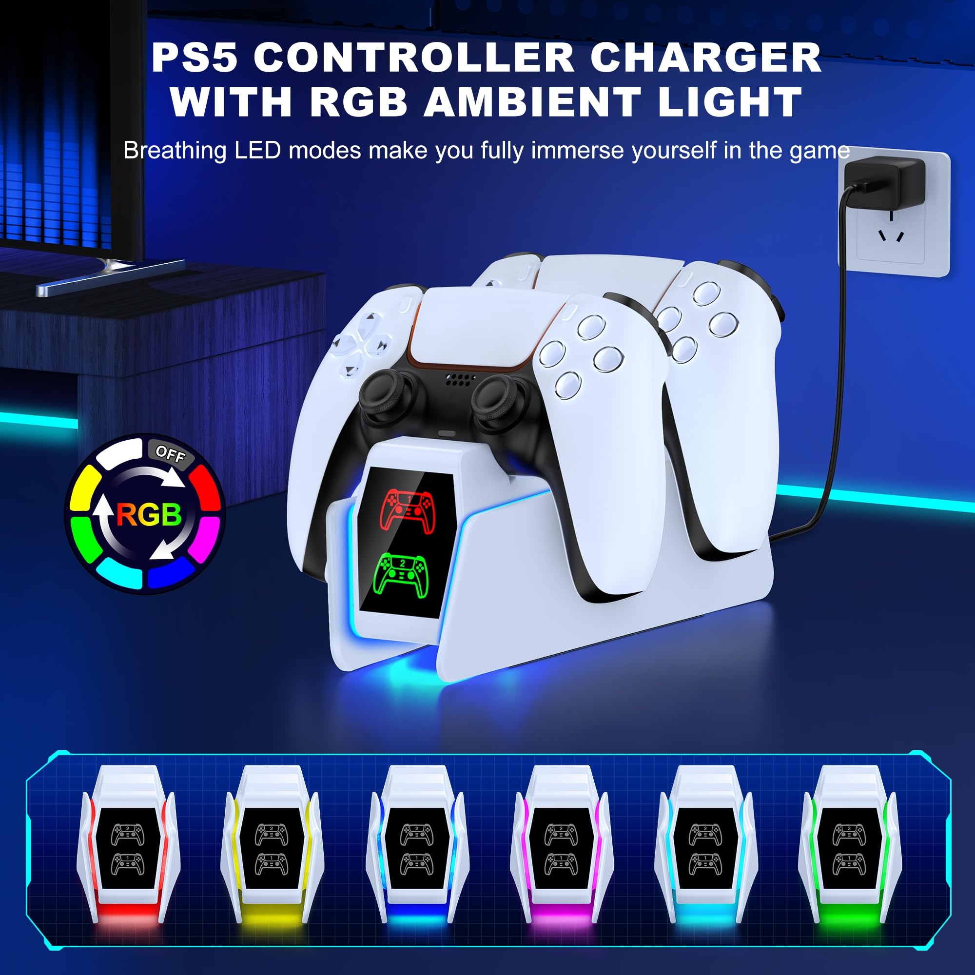PS5 Controller Charger Station for Playstation 5 Dualsense with LED Light Dual Stand Charger Dock, PS5 Controller Charging Station Accessories for Playstation 5 Faceplates DualSense Edge-White