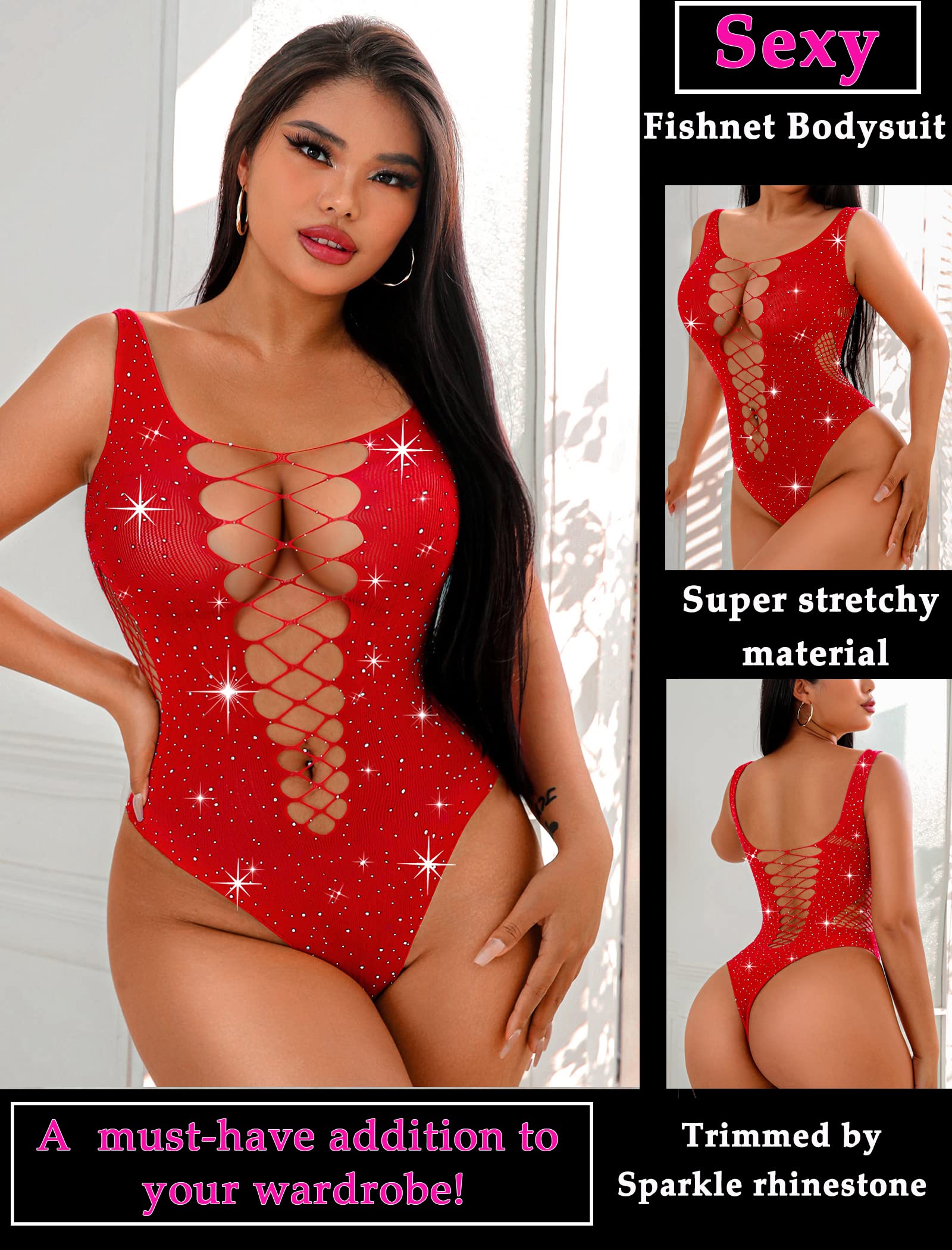 Avidlove Rhinestone Bodysuit Tops Sparkle Fishnet Lingerie Sexy Outfit for Women Mesh Body Suit Teddy Lingeries