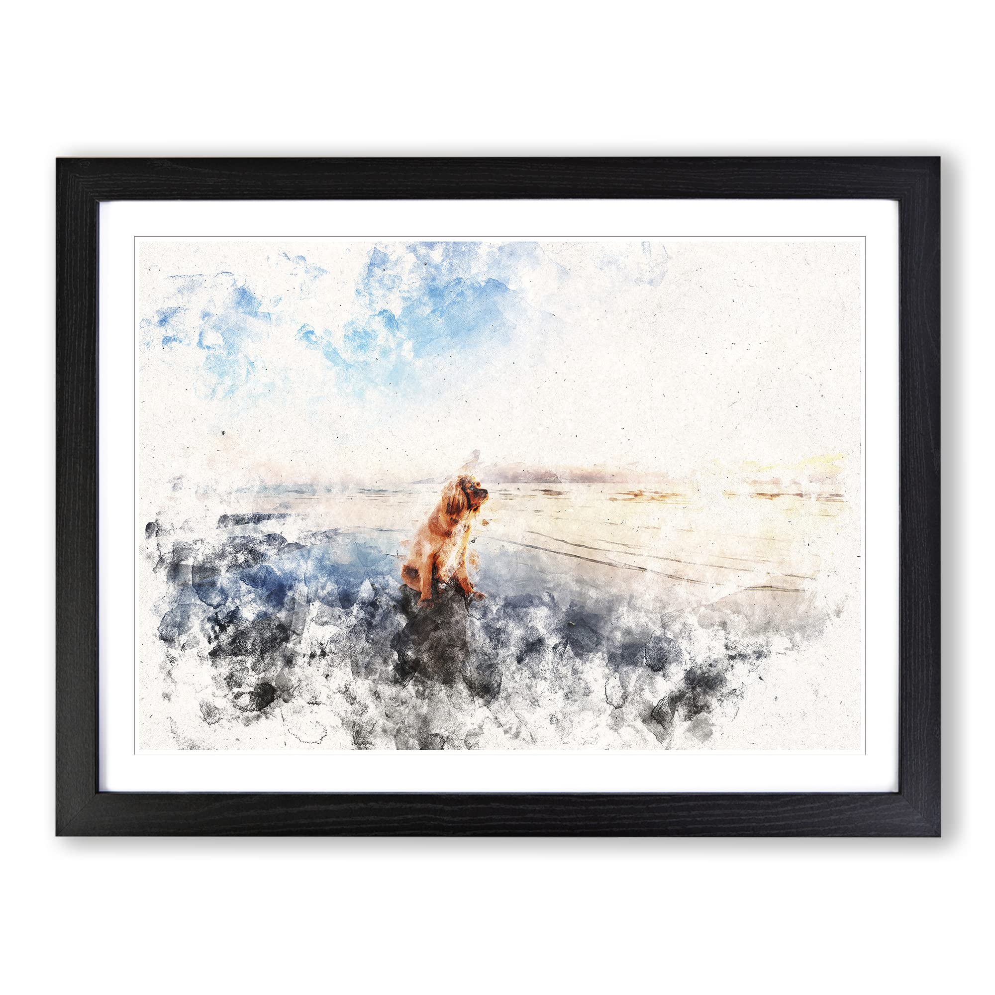 King Charles Spaniel Upon The Beach Watercolour Modern Framed Print | A4 Black Framed Wall Art | Ready to Hang | Modern Animal Picture | Living Room Bedroom Lounge Office