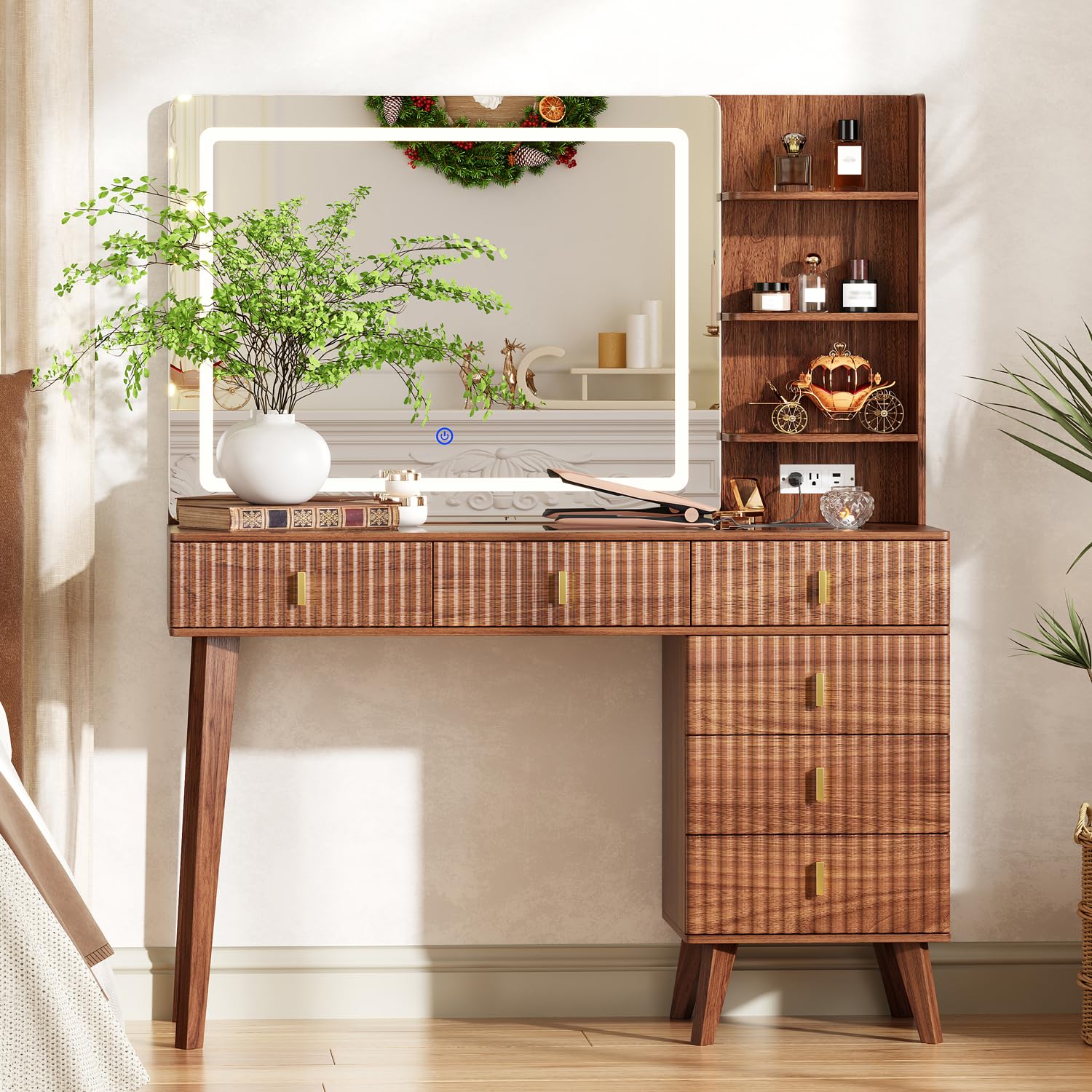 Photo 1 of *MAJOR DAMAGE* *SEE CLERK NOTES* Large Makeup Vanity Desk with Mirror and Lights, Vanity Desk with 6 Drawers & Storage Shelves, Vanity Table with Power Outlet, 3 Color Modes & Adjustable Brightness Dressing Table, Bedroom,Walnut1