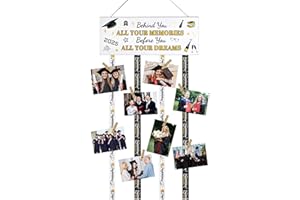 GJULRFU Graduation Gifts Wooden Hanging Picture Display, Behind You, All Your Memories-Congratulations High School College Graduation Motivational Display Stand with 20 Photo Clips, Going Away Gifts (White)