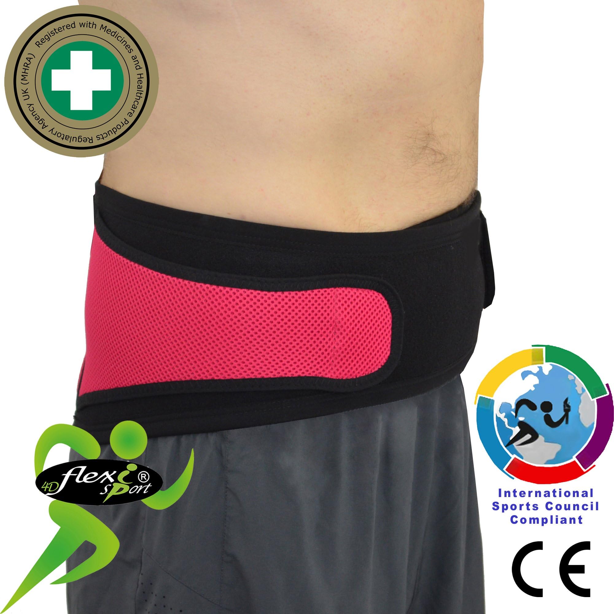 Lumbar Support Belt Designed for Gardening and Sports Use (M/RaspRed) No stays allow for flexible movement, breathable, airflow, cooling, non sweat technology exclusive to 4DflexiSPORT. Free-from Neoprene and Latex.