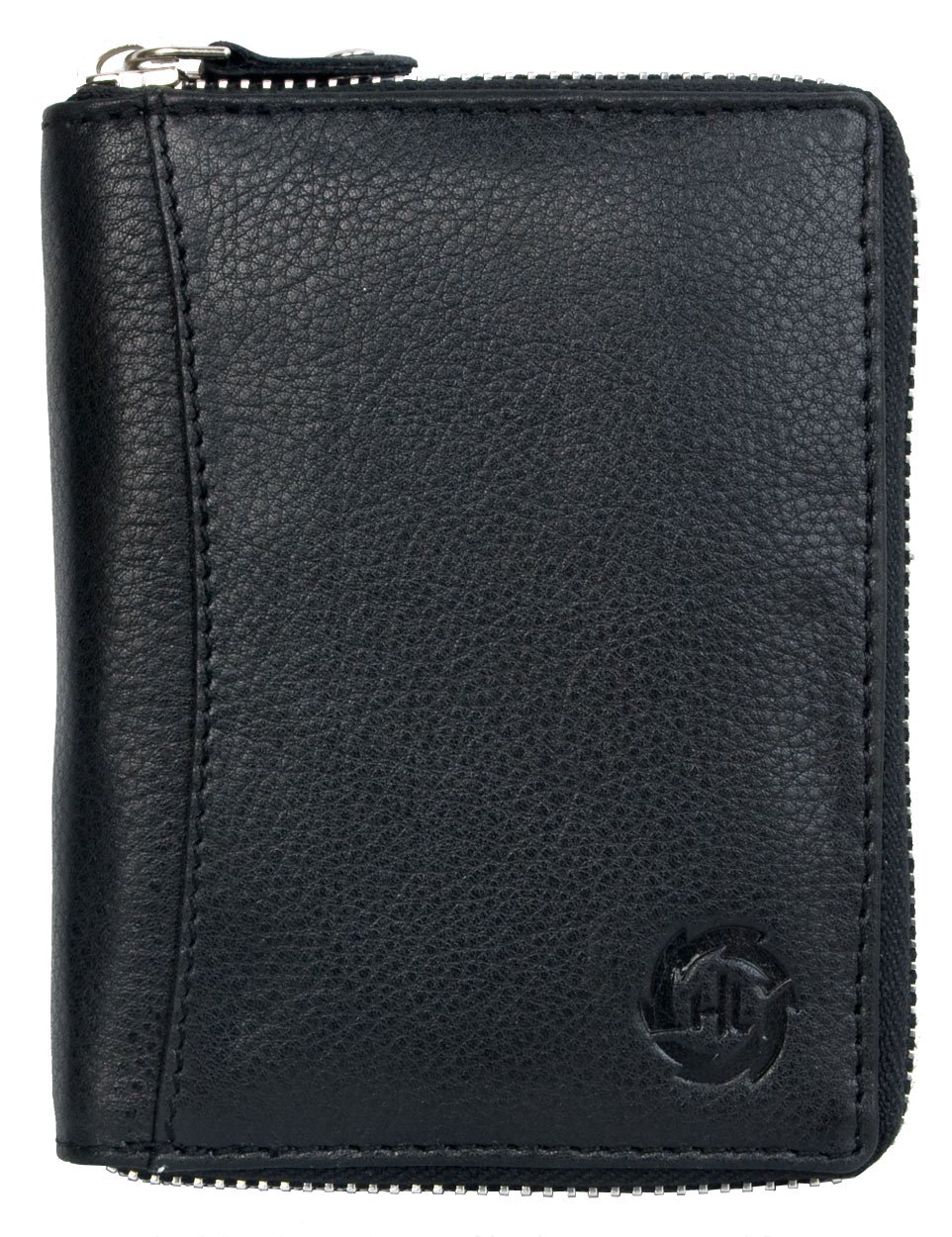Men's large black metal zip-around genuine leather wallet HL