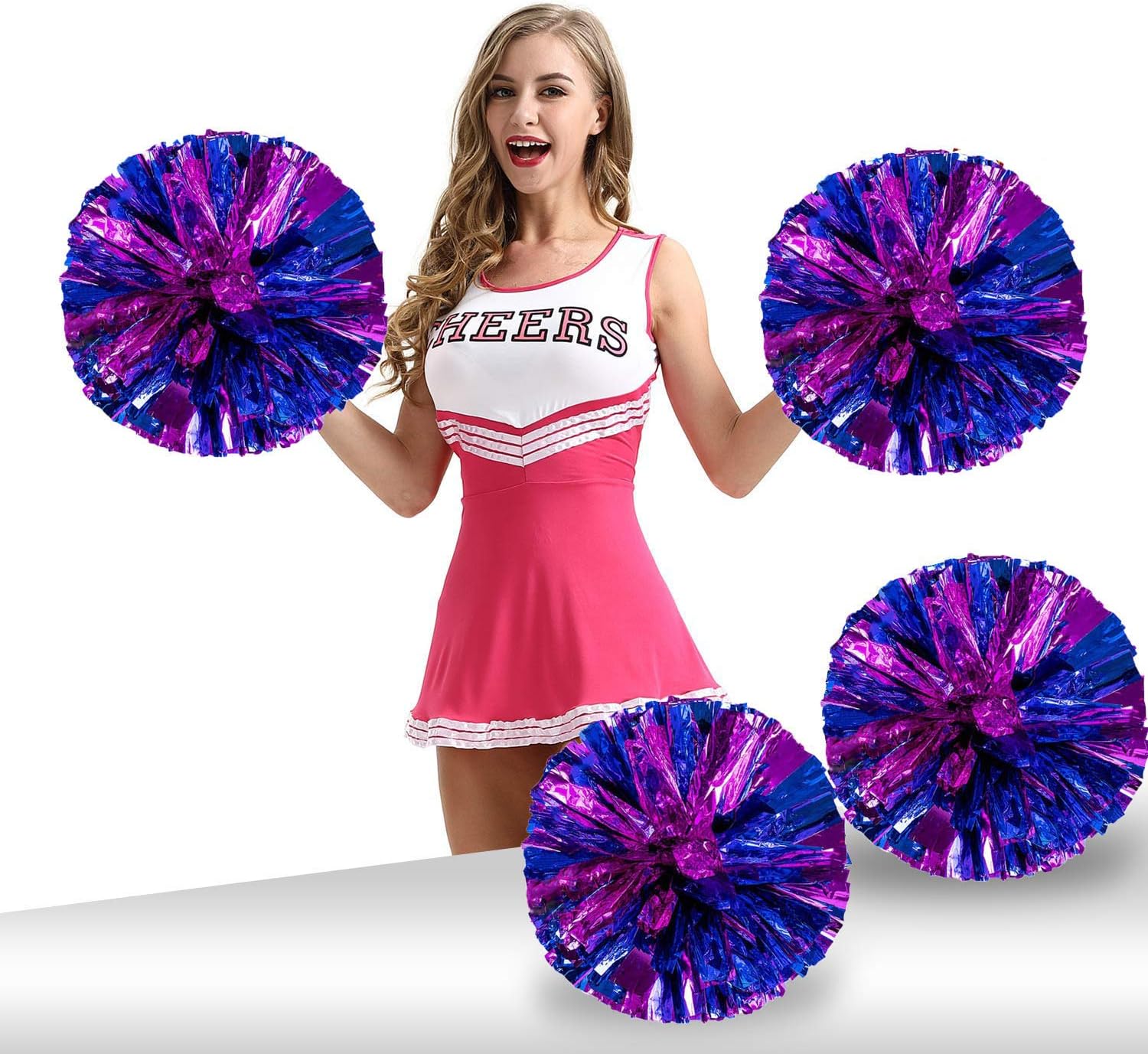Pack of 4 Cheerleading Pom Poms Foil Plastic Metallic Cheerleader Pom Poms for Cheer Sport Kids Adults Team Spirit Cheering (Rose Red/Blue) : Sports & Outdoors