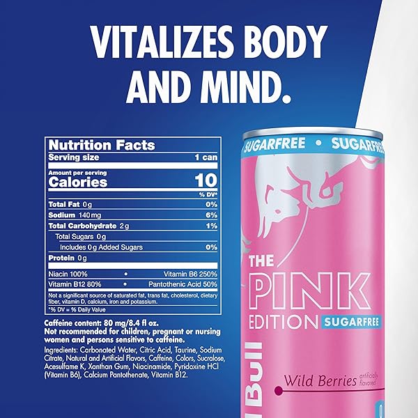 RED BULL PINK EDITION SUGAR-FREE ENERGY DRINK, WILD BERRIES, WITH 80MG CAFFEINE PLUS TAURINE & B VITAMINS, 8.4 FL OZ, PACK OF 4 CANS