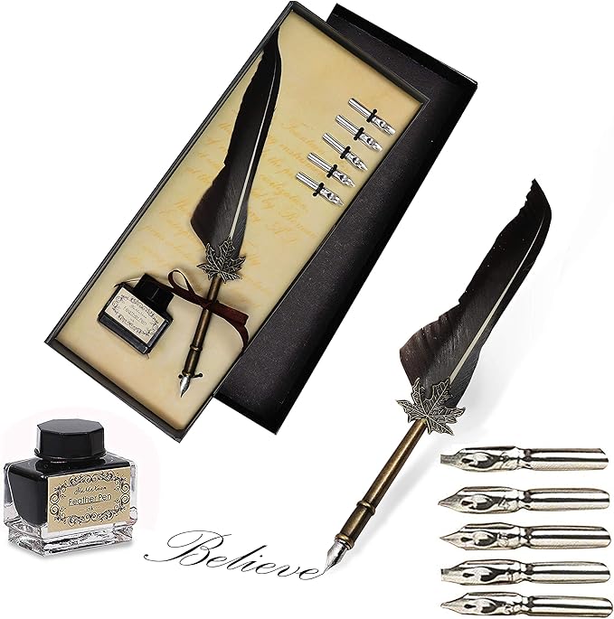 Quill Feather Quill Pen Set Antique Calligraphy Writing Quill Pen (with Nib) with Brass Stem