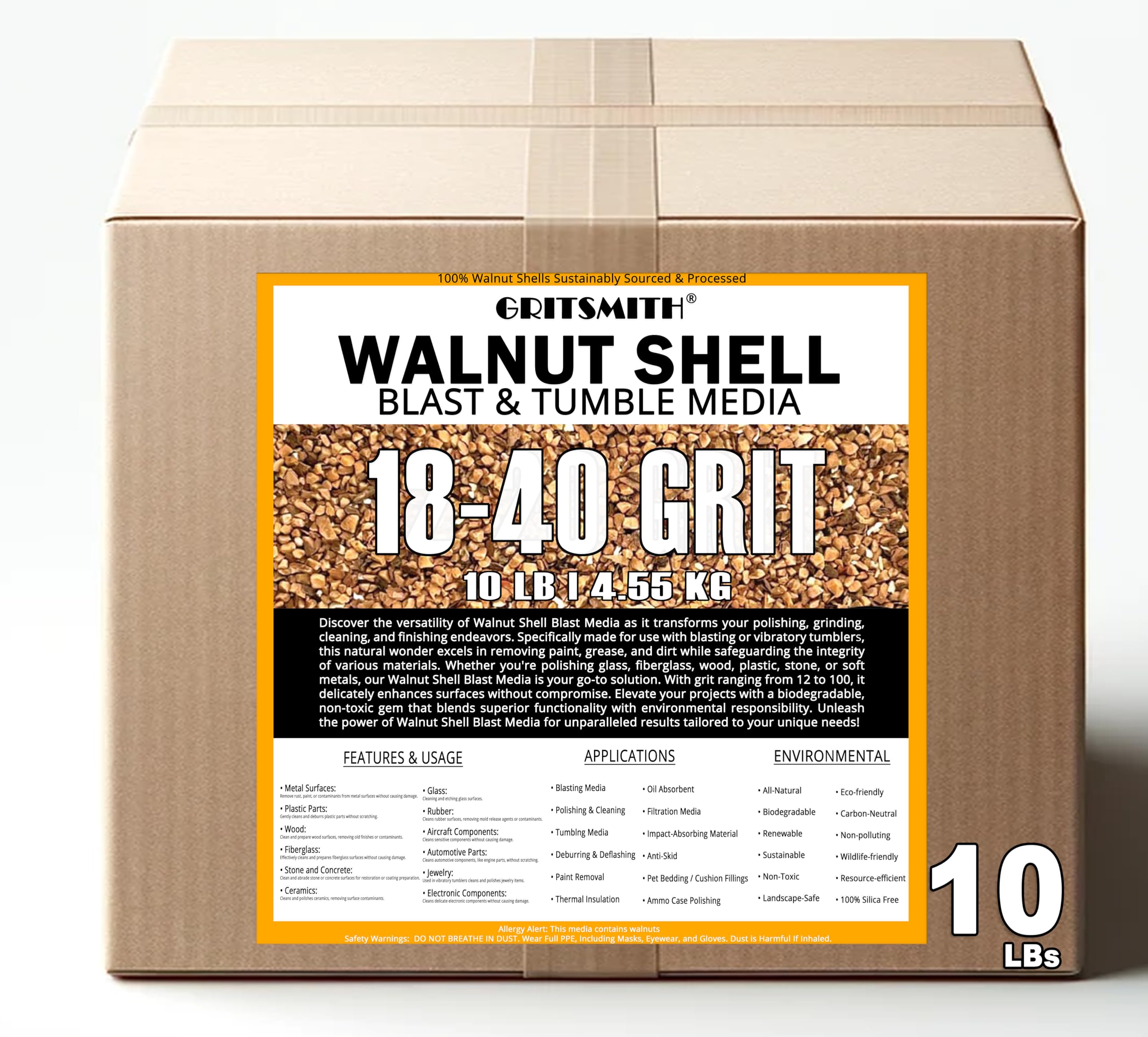 Photo 1 of GRITSMITH 18-40 Grit Ground Walnut Shell Media (10 LBS / 4.55 KG) - Fine Grit for Tumbling, Blasting, Vibratory, Polishing, Deburring, Anti-Skid, Fillers