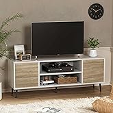 YESHOMY Modern TV Stand for 65" Television, Entertainment Center with Two Storage Cabinets and Open Shelves, Retro Style Media Console for Living Room, Bedroom, Office, 58 Inch, White and Beige