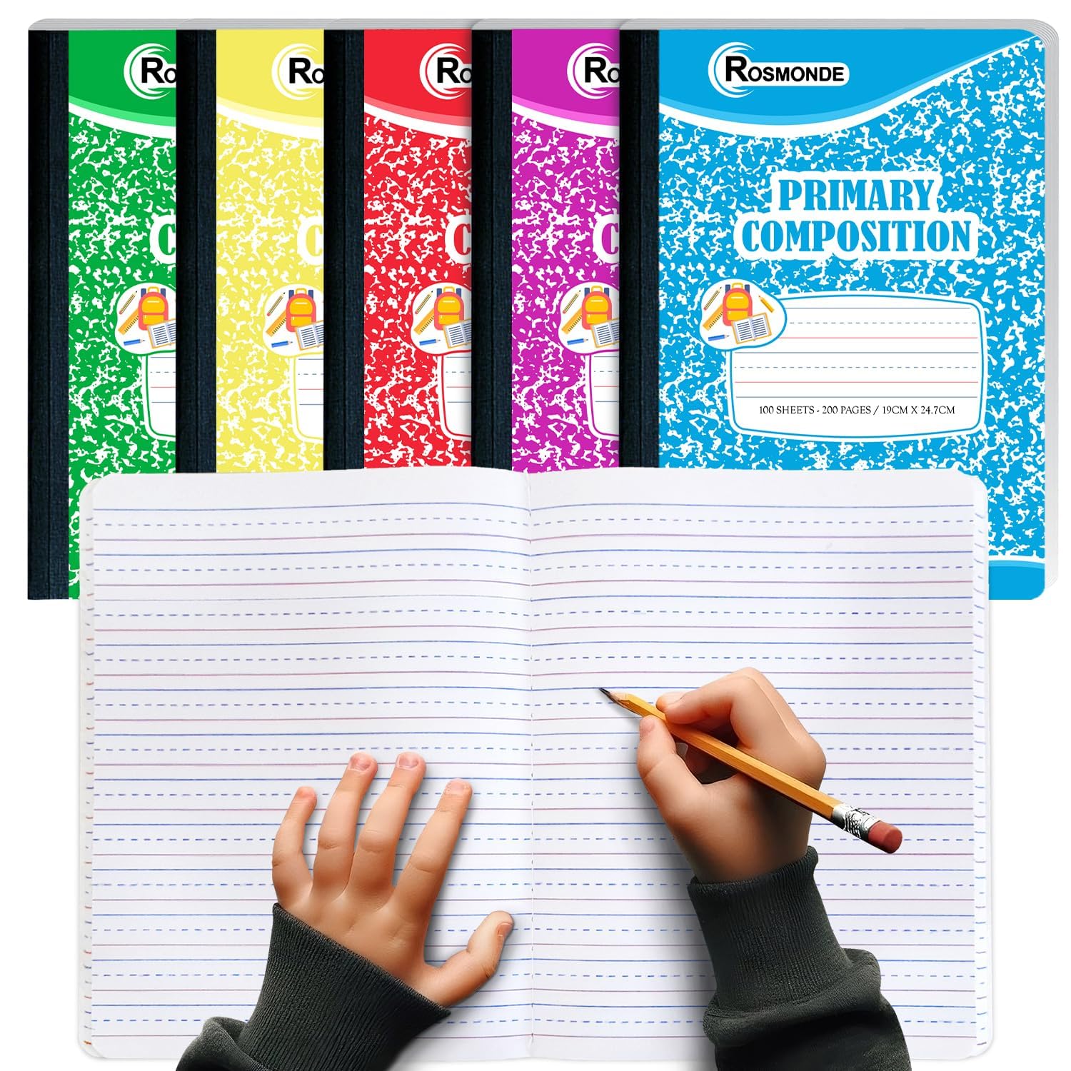 Photo 1 of Rosmonde Composition Notebooks Primary Ruled 5 Pack, 200 Pages (100 Sheets), Color Marble Composition Notebook, Sewn Binding Hard Cover, Primary Composition Notebook for Kids, Writing Dotted Lined