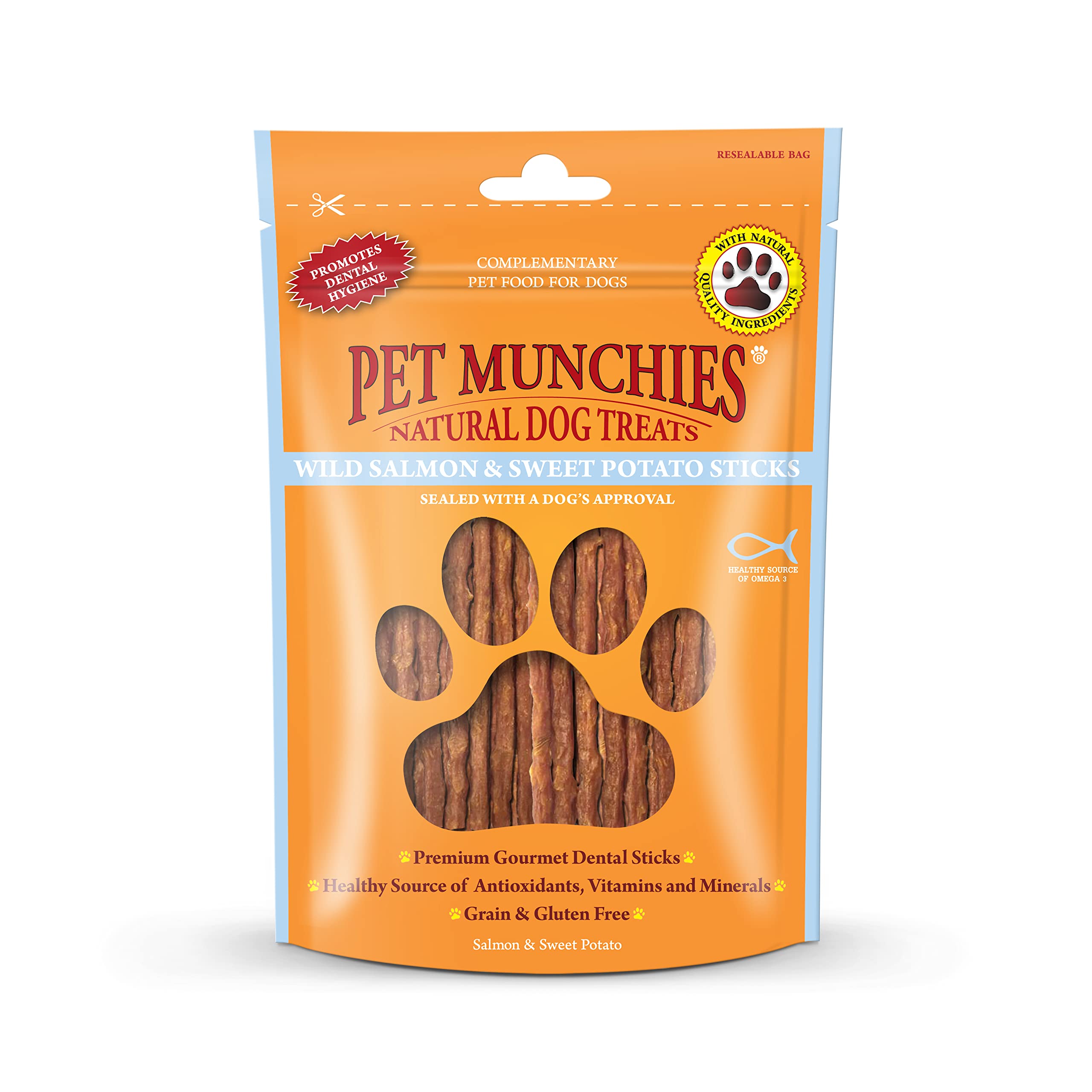 Pet Munchies Wild Salmon and Sweet Potato Dog Treats, Healthy Grain Free Dental Sticks with Natural Real Meat 90g