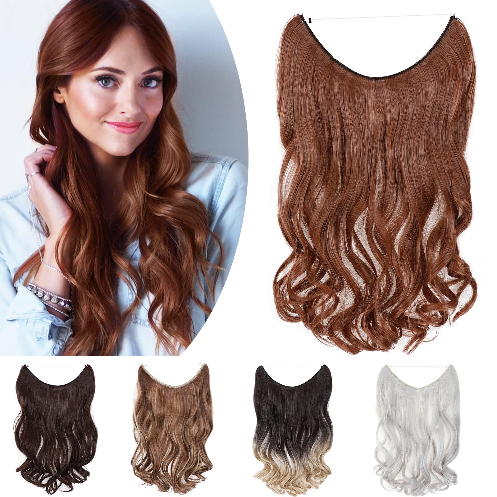 One Piece Wire In Hairpieces Matte Material Invisible Hair Extension Synthetic Wavy For Women Beauty, 20 Inch, Light Auburn & Red Brown