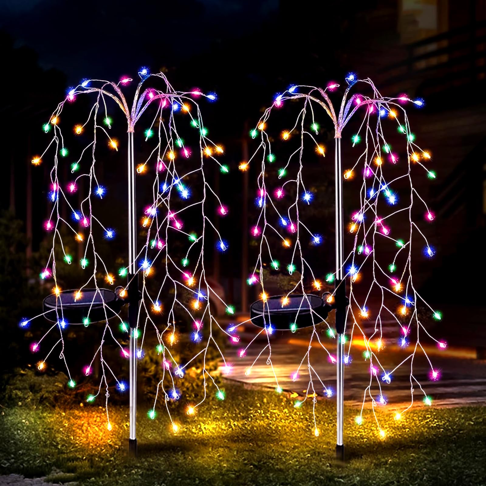 JIMACRO Solar Ground Light Outdoor, 2Pcs 240LEDs Solar Willow Tree Outdoor Lights, 8 Modes Waterproof Copper Wire Fairy Starburst Solare Garden Decor Lights for Walkway Yard Garden Pathway Lawn Patio