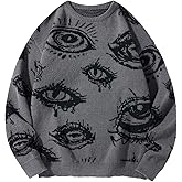 WDIRARA Men's Big and Tall Sweaters Goth Punk Eye Print Long Sleeve Sweater Pullover Knit Tops