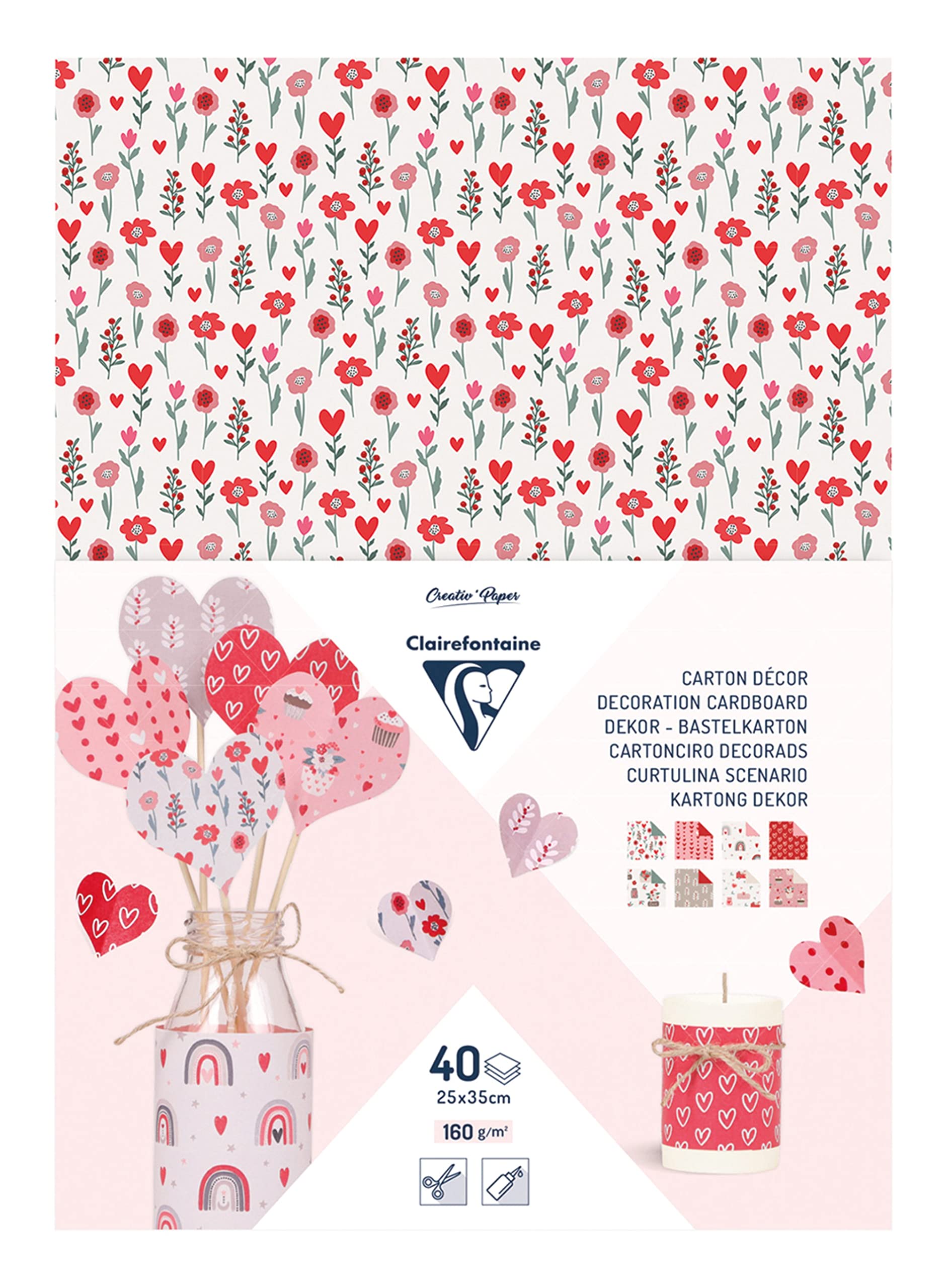 Clairefontaine 354587C - Decoration Cardboard Love theme Pack of 40 sheets 25x35 cm 160 g, Assorted Colours - Hearts Floral Creative Art DIY Crafts Cute