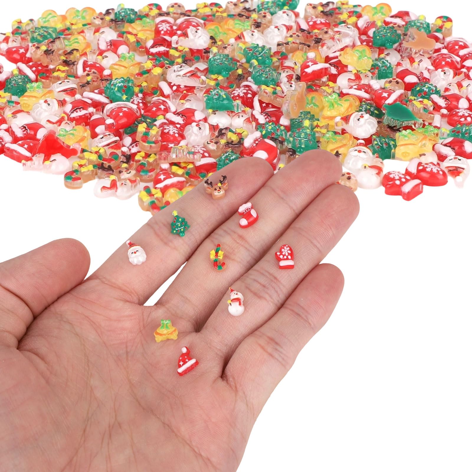 210pcs Mini Christmas Statues, 9 Styles Resin Adorable Miniature Snowman Santa Tree Gloves Candy Canes Bells Figurines Small Tiny Christmas Ornaments Decorations for Fairy Garden Office Home Decor