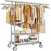HYSEYY Heavy Duty Clothes Rack, Rolling Clothing Rack With Shelves Load 620 LBS, Double Rod Clothing Racks for Hanging Clothes, Portable& Adjustable Clothes Rack with Wheels Garment Rack