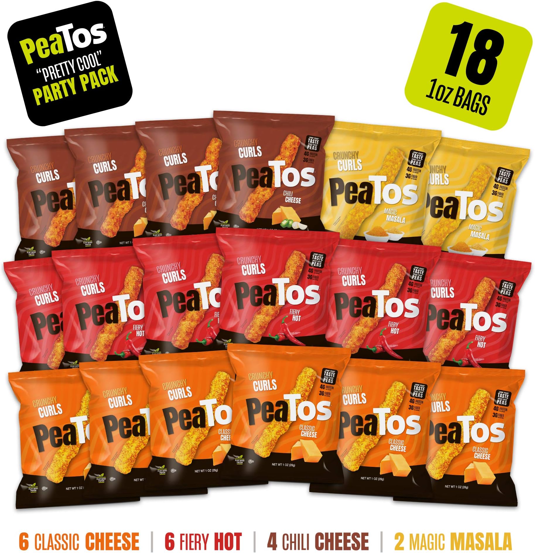 Peatos Crunchy Curls Snacks, Variety Snack Pack, 1 Ounce (18 Count), Junk Food Taste, Made from Peas, Bold Flavors, 4g Protein and 3g Fiber, Lunch Box Snacks (Packaging may Vary)