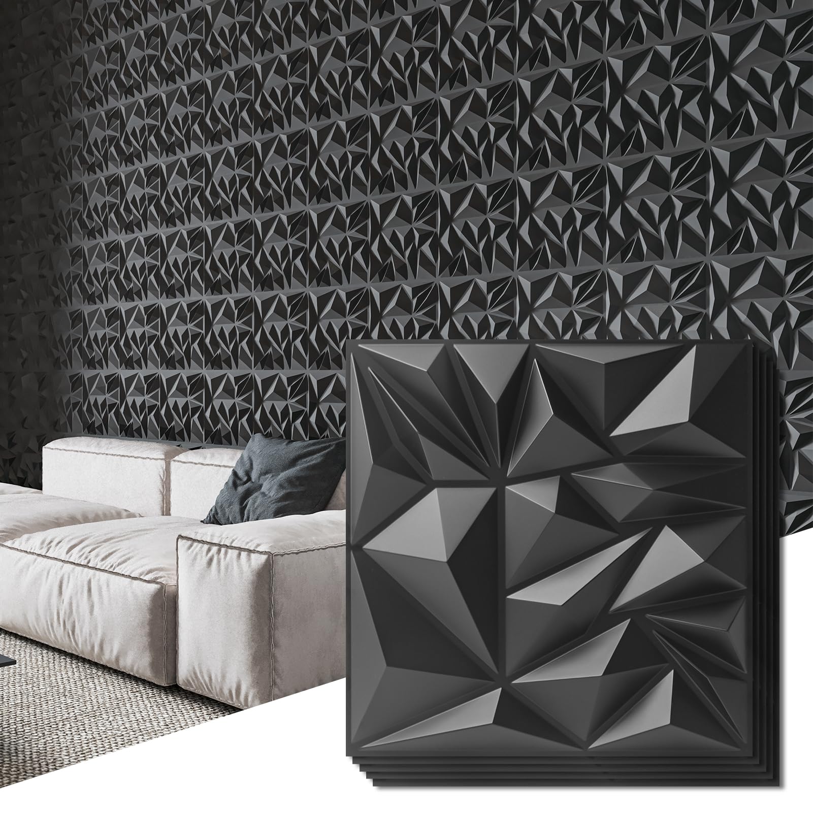 Art3d 33-Pack 3D Wall Panels for Interior Wall Decor, Modern Diamond Textured Accent Wall Paneling for Gaming Living Room TV Wall Background, 12 x 12 inch Black Image