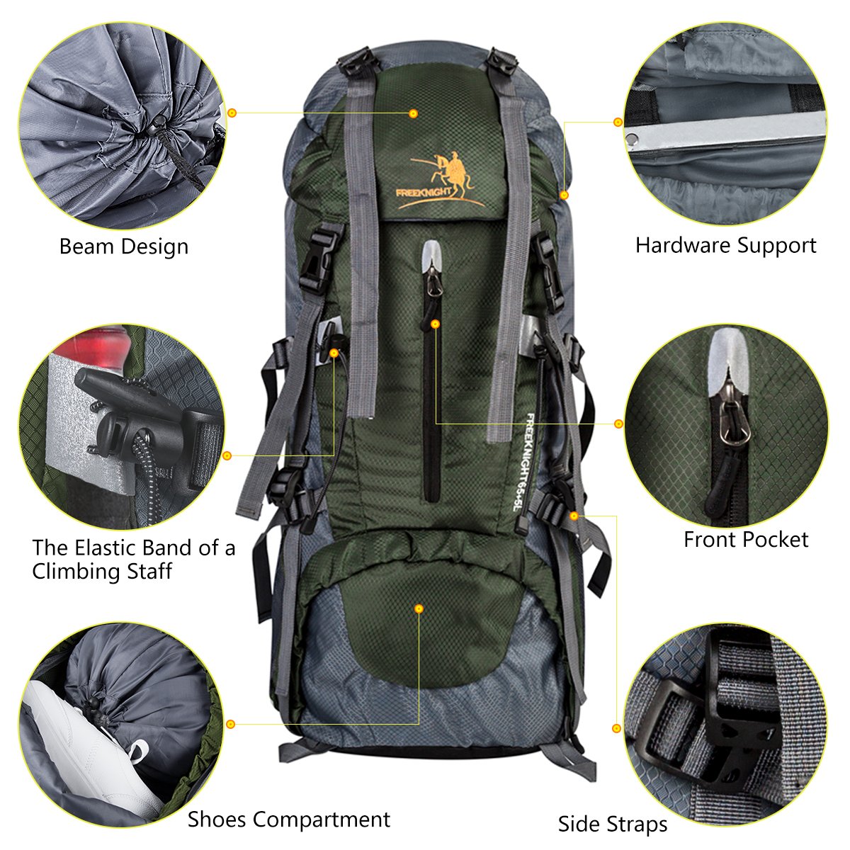 60+5L Water Resistant Hiking Backpack Outdoor Bag for Camping Climbing Mountaineering Travel Daypack Size 12.2\'\'x 9.8\'\'x 29.9\'\' (Green)