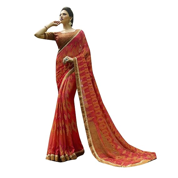 Shaily Peach Brasso Printed Saree With Blouse Piece