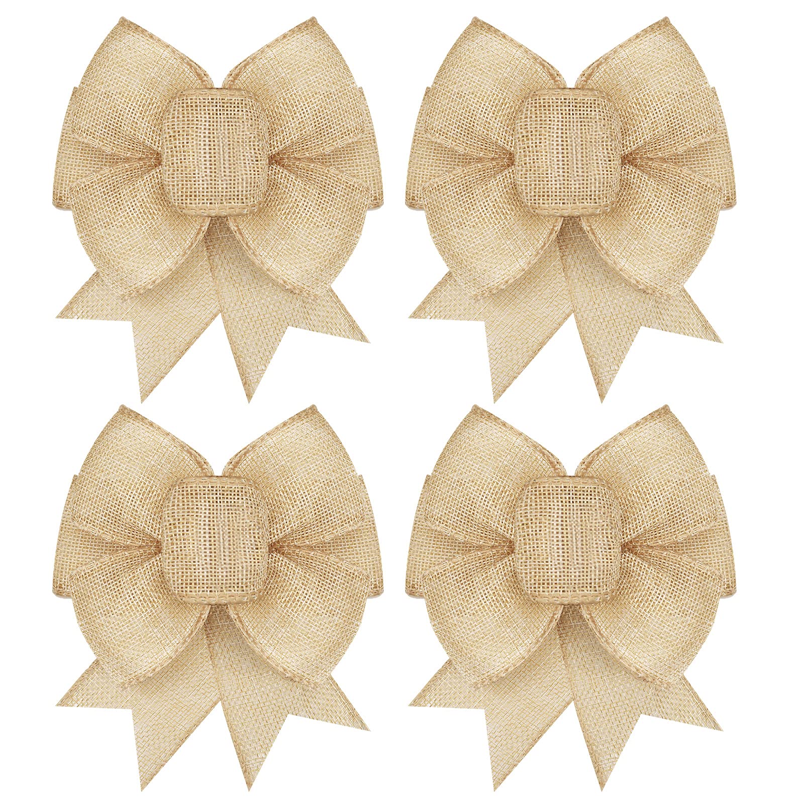 Xinnun 4 Pcs Burlap Bows Burlap Wreath Rustic Jute Bow Decorations for Holiday Christmas Tree Topper Ornament Party Decor