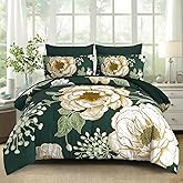 Luxudecor Floral Comforter Set King Size 7 Pieces Bed in a Bag,Beige Flower Print on Dark Green Bedding Set,Soft Microfiber Bedding Set for All Season (Dark Green,104"x90")