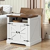 HOOBRO White Farmhouse End Table with Charging Station, 60 cm Large Sofa Side Table Living Room, Nightstand with Barn Door, W