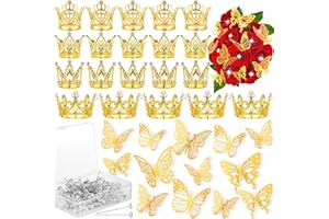 MJOGGOTT 168Pcs Flower Bouquet Accessories, 20Pcs Crowns for Flower Bouquets with 48Pcs 3D Gold Butterfly Decor and 100Pcs Corsages Pins Pearl Pins for Flower Supplies, Birthday Wedding Party Decoration