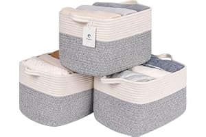 Laughbird Baskets for Organizing Large Rectangular Woven Basket Cotton Rope Shelf Storage White With Handles for Shelves Nursery Cube Bin,Decorative Storage Organizer for Living Room White/Grey 3bags