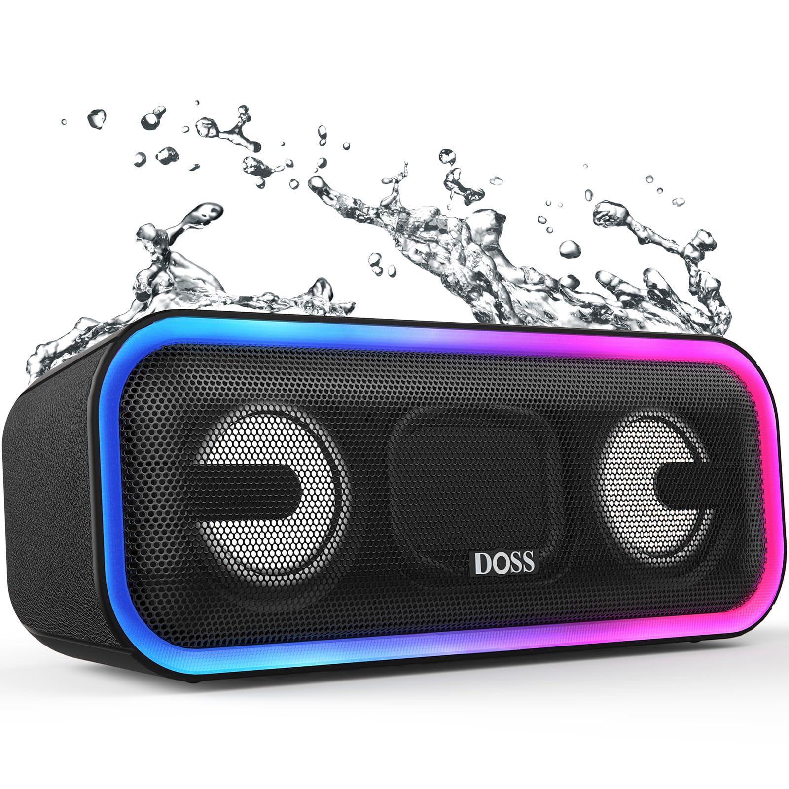 DOSS SoundBox Pro Bluetooth Speaker, 20W Stereo Sound, Active Extra Bass, 20H Playtime, Multi-Colors Lights, Wireless Stereo Pairing, IPX6 Waterproof for Garden, Hiking, Camping -Black