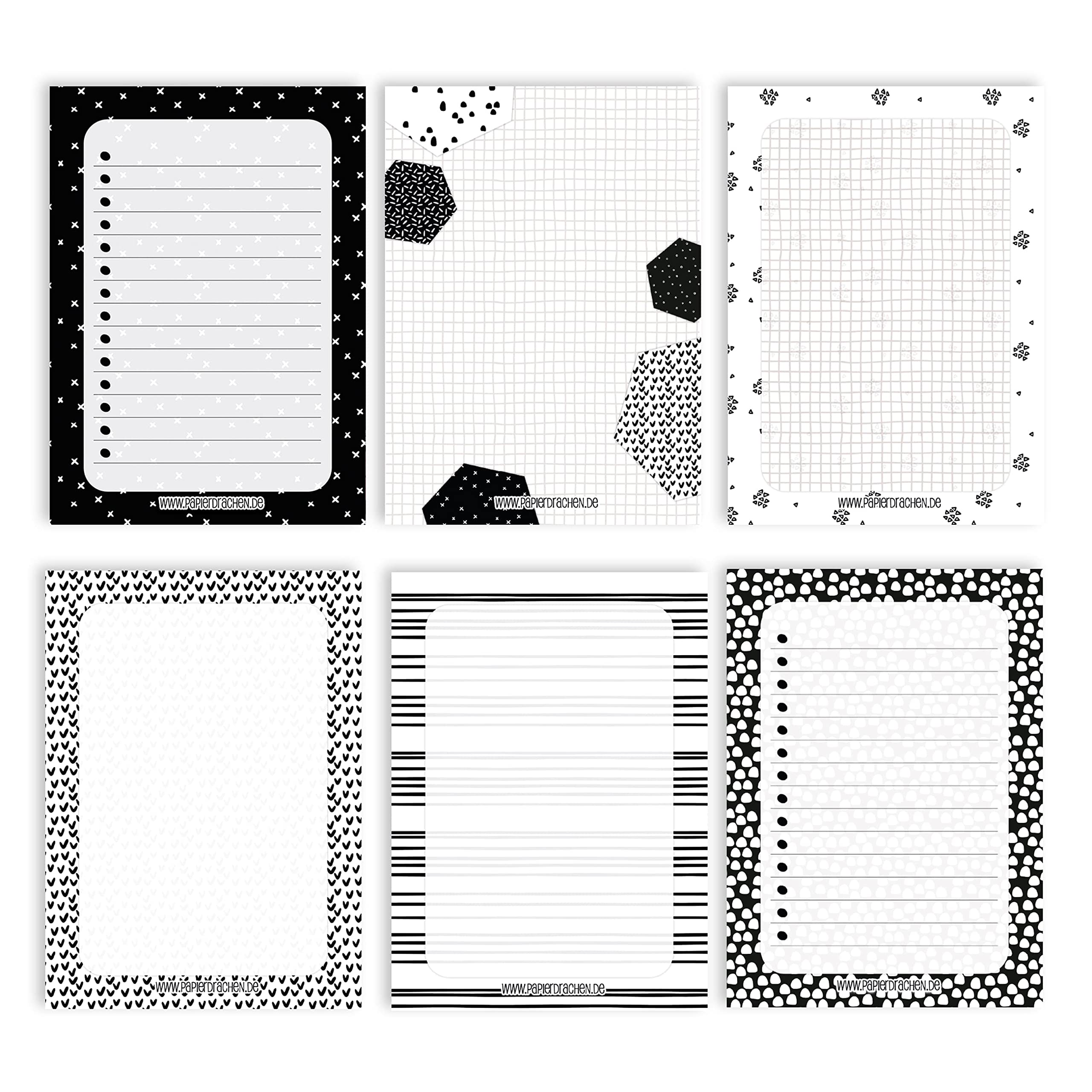 Papierdrachen 6 notepads blank for free design | for appointments, projects, to do list, meetings, shopping lists, notes and much more - Black white - Notepad Set 16 - DIN A6