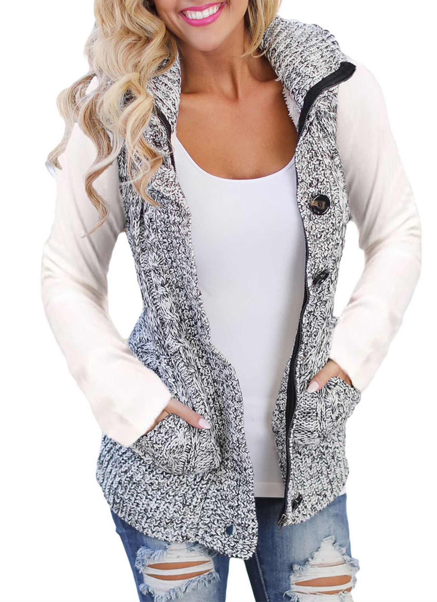 Sidefeel Women Hooded Sweater Vest Knit Cardigan Outerwear Coat Women