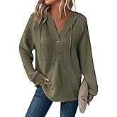 Gumipy Long Sleeve Shirts for Women Waffle V Neck Button Up Shirts Trendy Oversized Hoodies Tshirts Winter Casual Tunic Tops