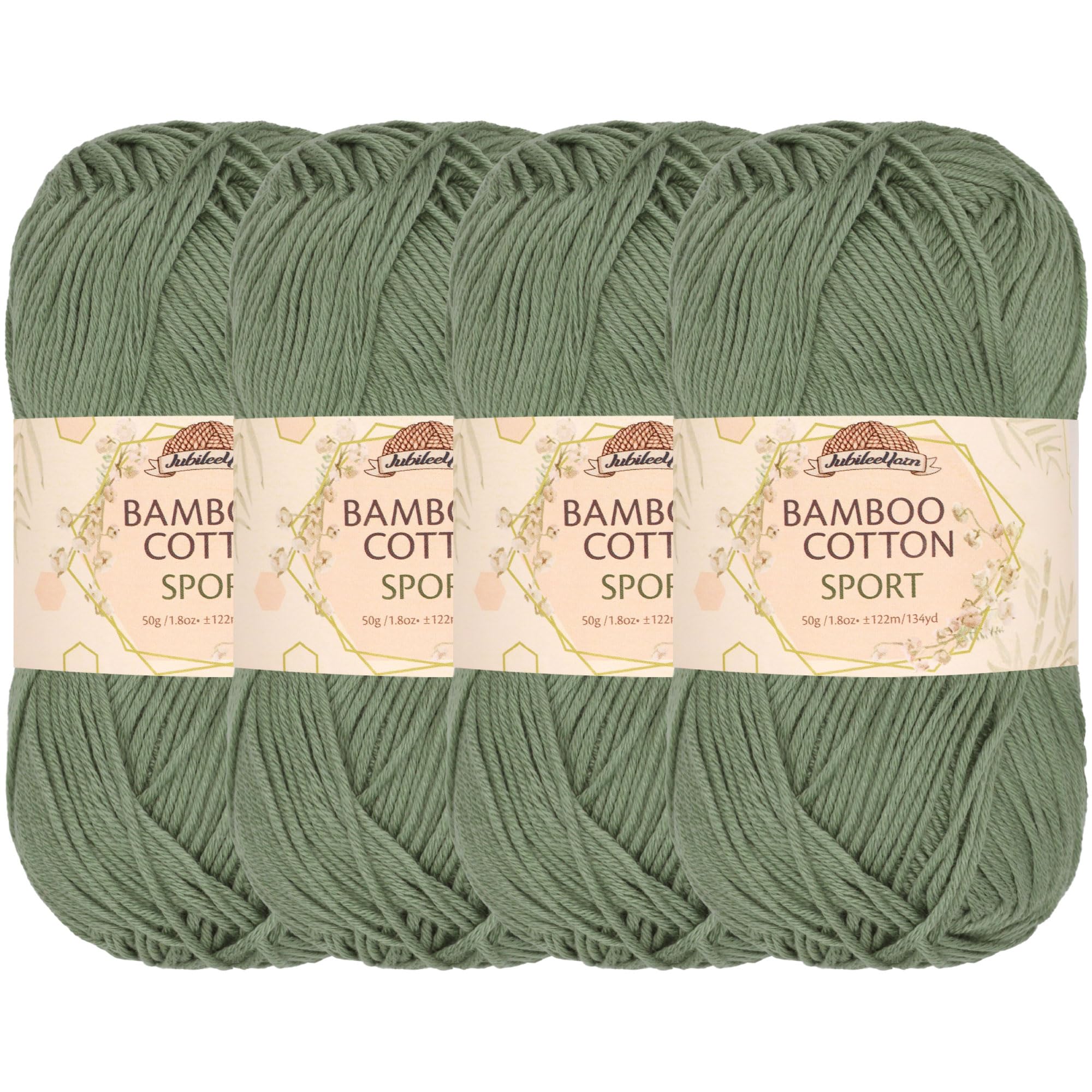 JubileeYarn Bamboo Cotton Sport 4 Ply Yarn - 50g/Skein - Burning Sage - 4 Skeins