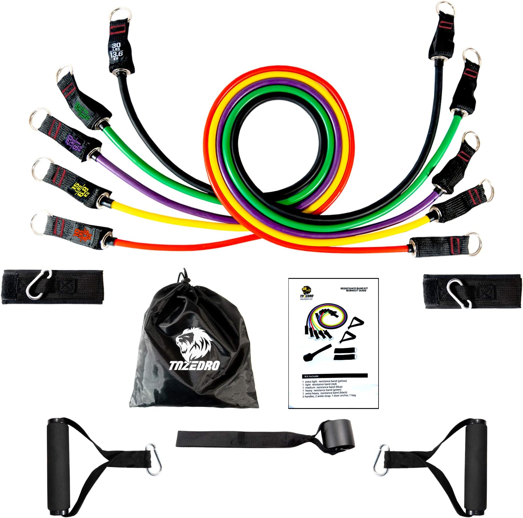 TAZEDRO Exercise Resistance Bands Set, 11 Pack Fitness Bands up to 100 lbs, Door Anchor, Ankle Straps, Foam Handles, Home Gym for men/women, Physical Therapy