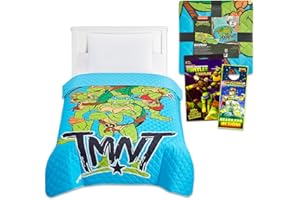 Teenage Mutant Ninja Turtles Bedspread Twin Set for Kids - Bundle with Reversible TMNT Quilted Bedspread for Twin Bed Plus Stickers, More | TMNT Twin Bedding Set for Boys